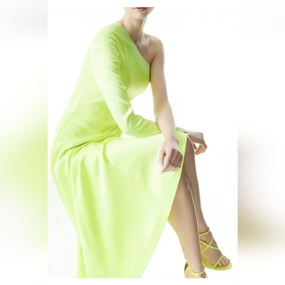 ALICE + OLIVIA Dora One-Shoulder Asymmetrical Yellow Neon Dress Size 6 - Picture 2 of 16